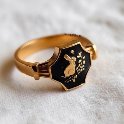 Vintage Bunny Signet Ring Black Enamel Gold Plated 925 Silver Rabbit Animal Ring
