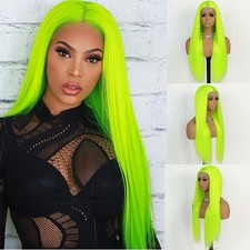Long Straight Synthetic Lace Front Wigs Fluorescent Green Hair Heat Resistant