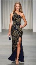 Adrianna Papell One Shoulder Jacquard Gown sz 8 Blue Gold New