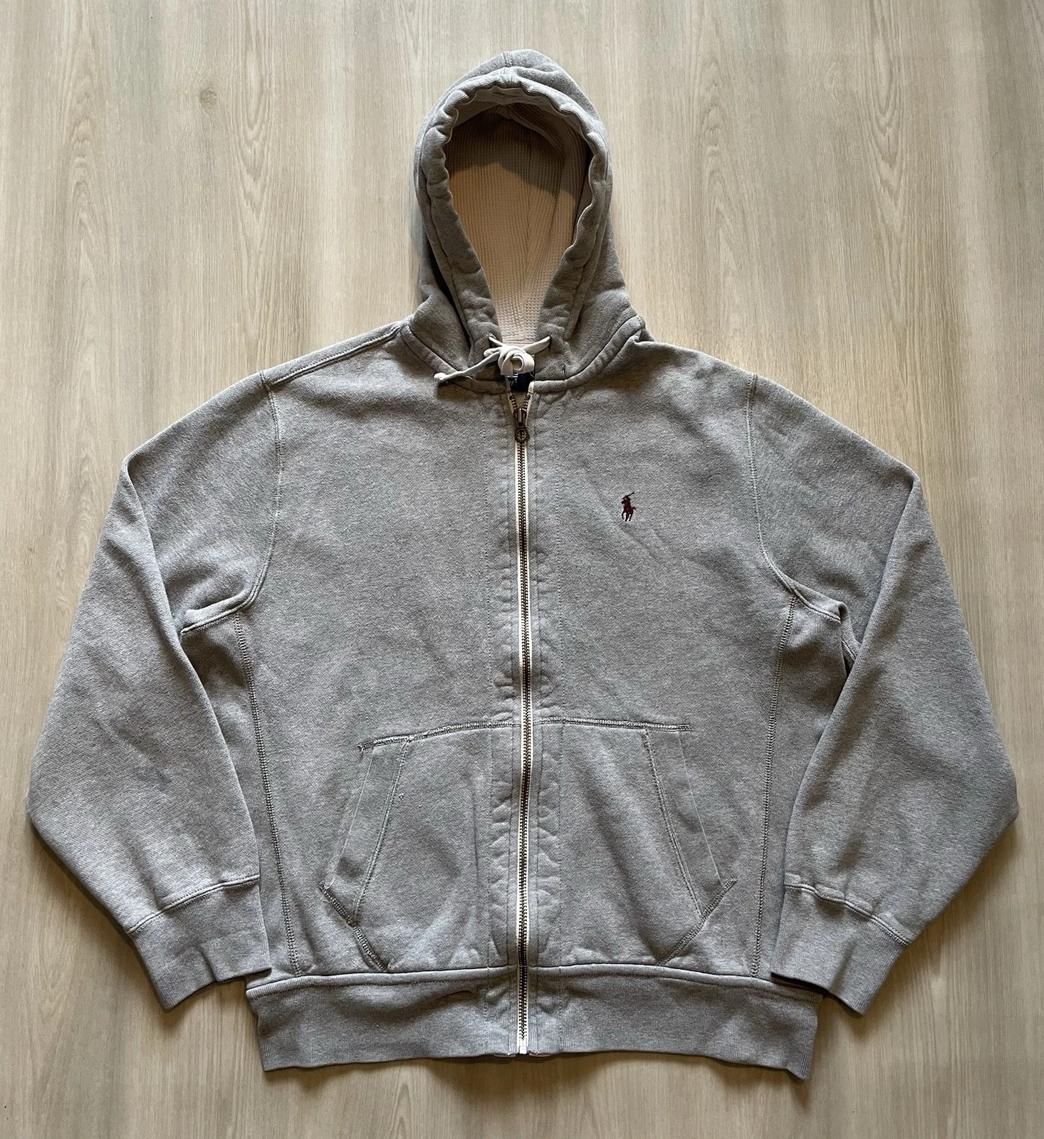 VTG Polo Ralph Lauren Heather Grey Full Zip Hoodie Waffle Thermal Lined Hood Lg