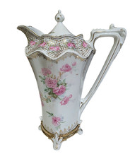 RS PRUSSIA footed chocolate pot with pink roses and gilt 3