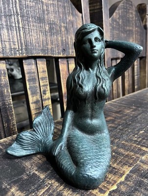 Heavy Cast Iron Nautical Sitting Mermaid Figurine Green Beach House 6 3/8 