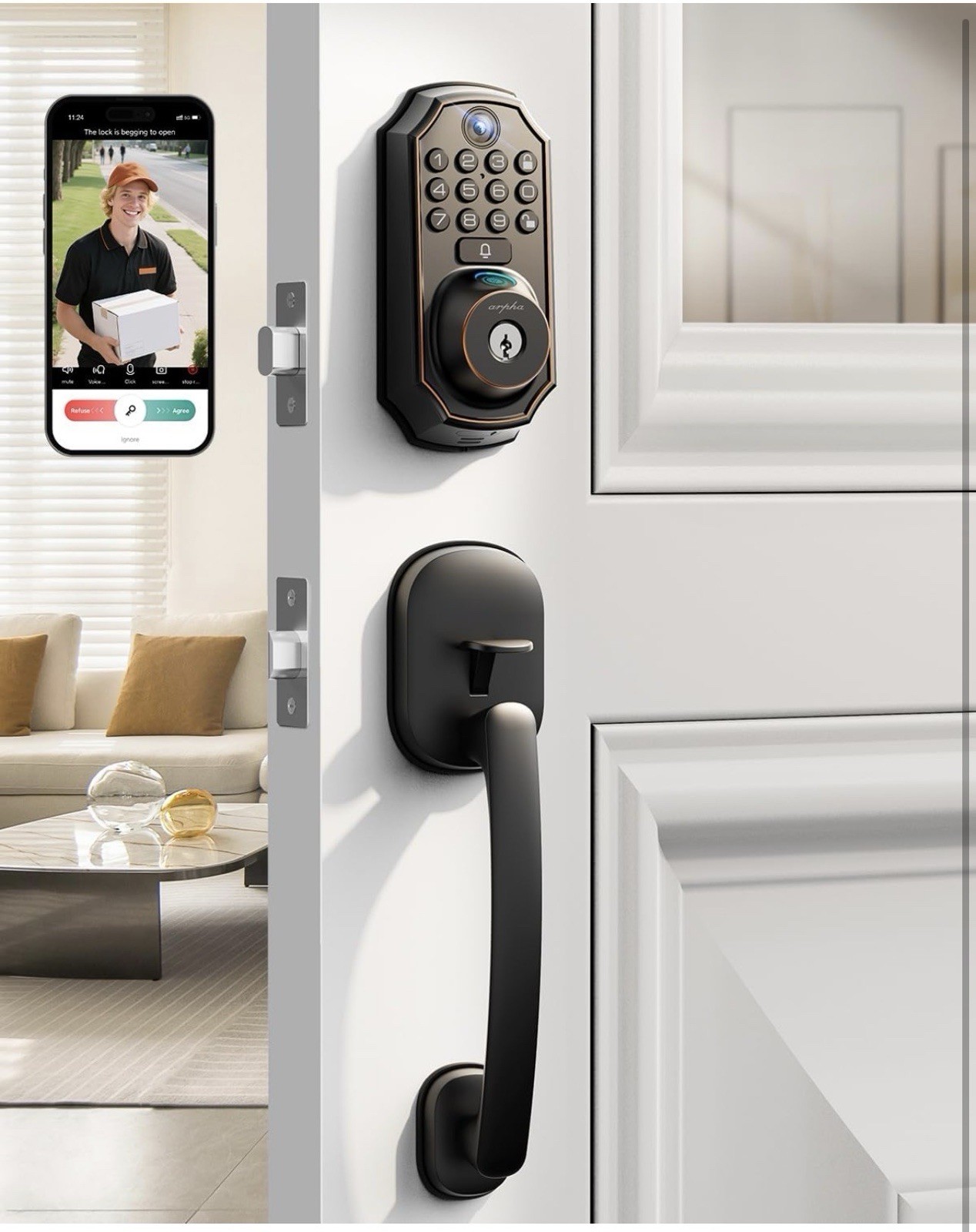 Arpha Keyless Entry Deadbolt with Handle Set, WiFi Smart Lock with Camera-image