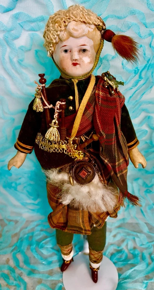 German Bisque Doll With Sculptured Hair And Scottish Costume/ 3” Doll / Dog - Image 2 of 4