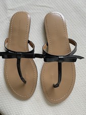 Ann Taylor Women's Black Patent Leather Sandals with Bow Size 9M Flat Slip Ons