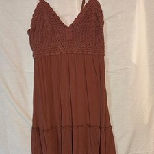 Women’s Brown Cotton Crochet Sleeveless V-Neck Sundress Plus 1X Short Dress