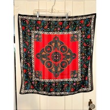 Vintage Berkshire Large Black Floral Polyester Scarf Red Pink Paisley Accents