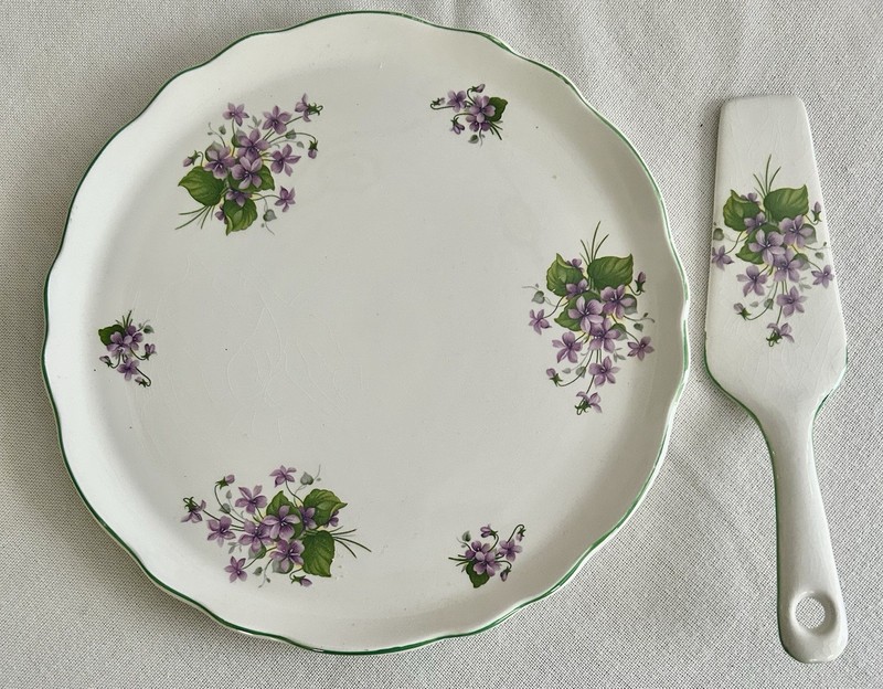 OLD FOLEY James Kent LTD UK White Purple Violets Wild Flower Cake Plate + Server