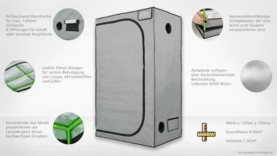 SCHILLER Growbox 80x120x200cm Indoor Gewächshaus Pflanzenzelt Growzelt Zuchtzelt 600D NEU