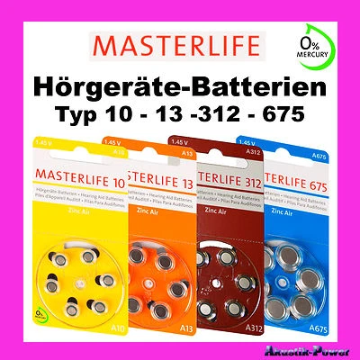 MASTERLIFE Hörgeräte Batterien Typ 10 - 13 - 312 - 675 Auswahl Mercury Free