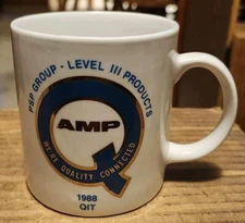 AMP MUG COFFEE TEA CUP WE'RE QUALITY CONNECTED BLUE GOLD WHITE.