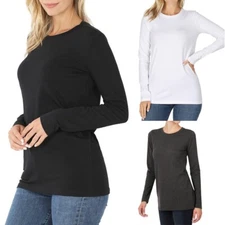 Womens Cotton T-Shirt Crew Neck Stretch Casual Tunic Long Sleeve Plain Basic Top