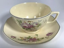 Homer Laughlin Virginia Rose Rare 1933 Silver Trim - 6 Sets of Cups and Saucers 