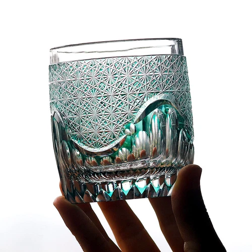Edo Kiriko Crystal Whiskey Glasses Hand Cut To Clear Green 9oz Gift Packing - Picture 10 of 12