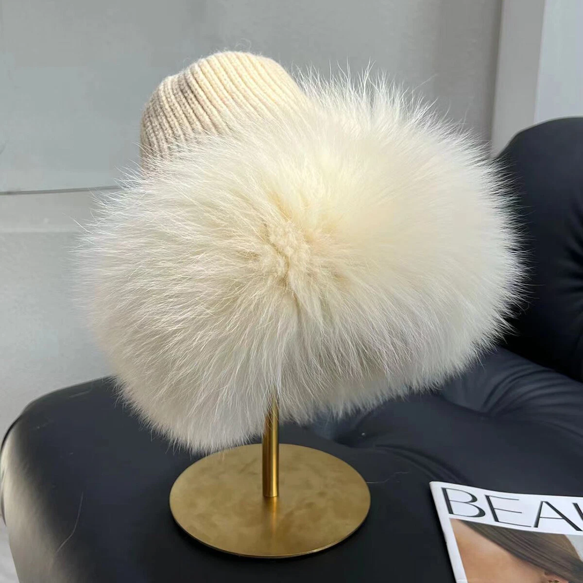 Women's Real Fox Fur Hat Knitted Beanies Warm Bucket Hat Bowler Hat Outdoor Cap