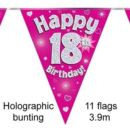 Happy 18th Birthday Holographic Triangular Party Foil Banner Bunting - 18 Pink
