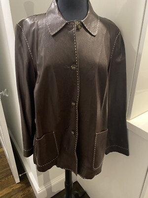 Saks Fifth Avenue Real Clothes Womens Brown White Stitch Leather Shirt Jacket 16