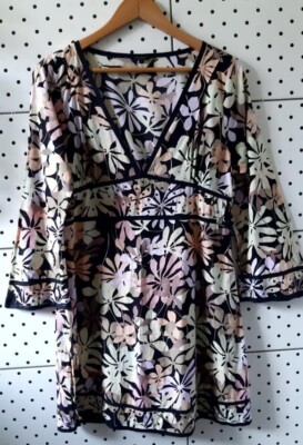TED BAKER Blumen Damen Tunika 3/4 Arm Schlitze Baumwolle 100% Stickerei Paill...