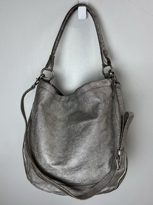Frye Melissa Hobo Bag Silver Metallic Leather Magnetic Close Top Handle Purse