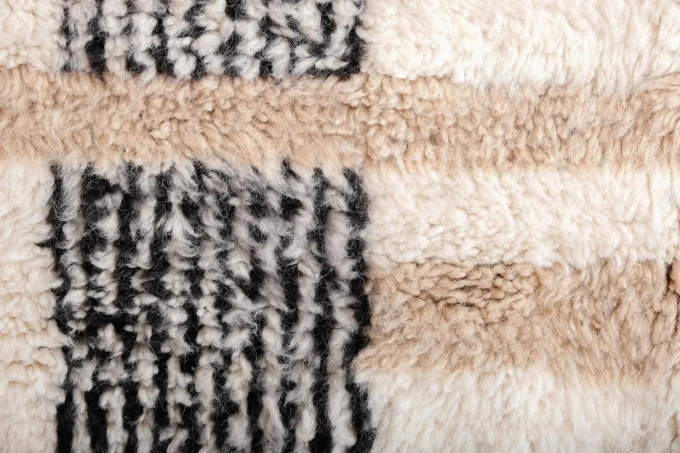 Handmade Striped Moroccan Rug: Cream Beige & Black Wool, Custom Size 12x15 - Image 2 of 4