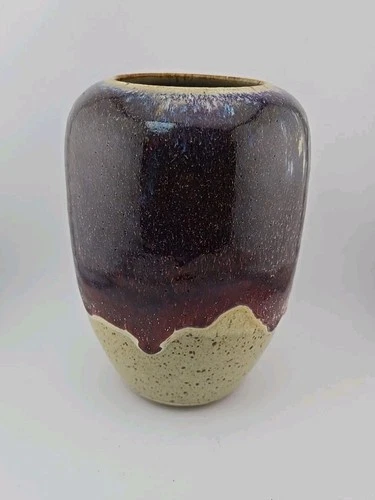 ​Vintage Signed Studio Art Pottery Vase Large 8" Burgundy Red Drip Glaze 