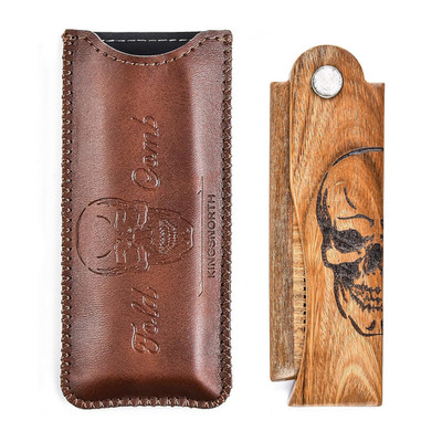 Menesia Men's Pocket Folding Wooden Beard Comb with Leather Travel Case,Green Sa