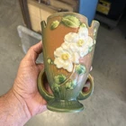 Antique ‘White Rose’ 6 inch ROSEVILLE, two handle vase no damage