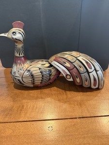 Late 20TH-CENTURY Lacquered Wood Peacock-Shaped Keepsake Indonesia Hand Painted