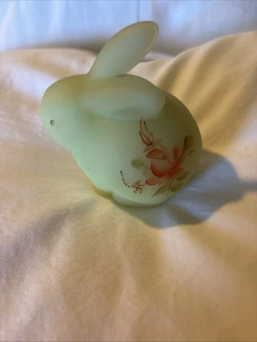 Hand Painted Glass Rabbit Figurine Floral Light Green Pink Signed J.K. Spindler