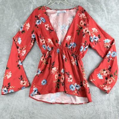 Two Arrows Top Womens Medium Red Floral Deep V Neck Flared Sleeve Gathered Waist