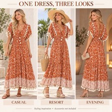 Women’s Boho Rust Orange Floral Maxi Dress Tassel Trim Smocked Waist Resort
