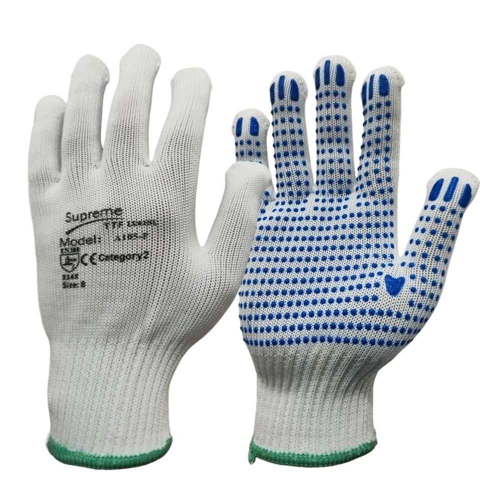 Gants antidérapants PVC polka poignée de sécurité travail forts points bleus nylon entrepôt pack