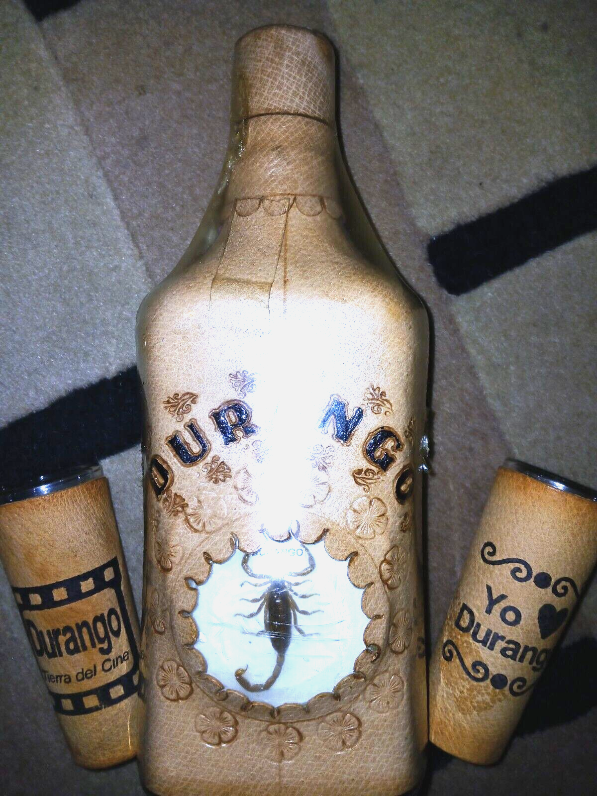Durango Mexican Tequila Scorpion Handmade Leather Covering Empty W/ Shot Glasses