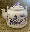 Vintage Blue Onion Style Porcelain Tea Pot Metal Handle Price Imports Japan — photo 2