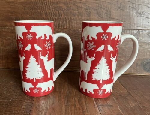 2 FOOD NETWORK MODERN HOLIDAY LATTE COFFEE MUGS RED WHITE CHRISTMAS SNOW ANIMALS - Foto 1 di 7