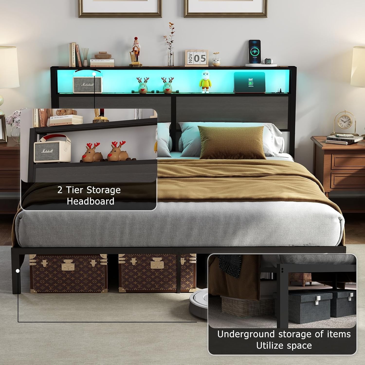 Bed Frame with Headboard, Metal Platform LED Lights & Charging Station