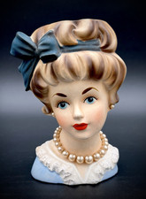 Vintage Brinn?s Lady Head Vase T-1576 W/ Light Blue Dress + Deep Blue Bow