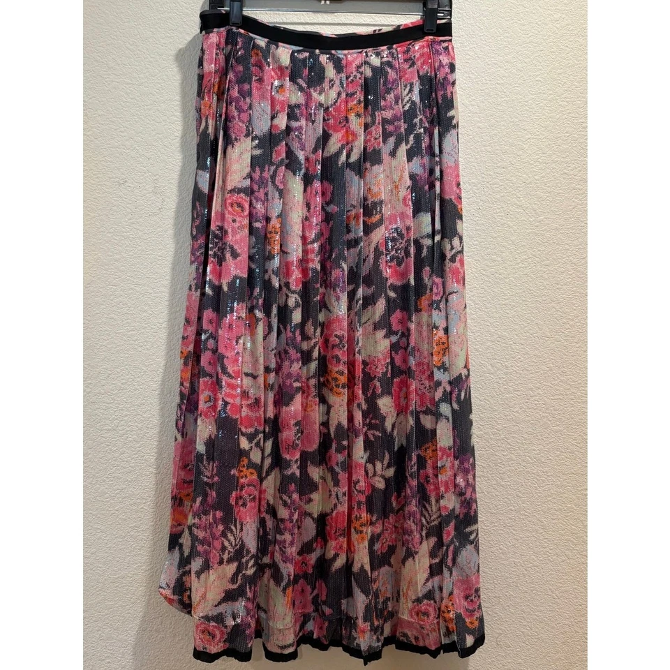 Maxi Falda Maeve Anthropologie Rosa Multicolor Floral Plisada Lentejuelas Talla 10 Foto 2 de 4