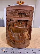 OLD Superbly Carved and Pierced High Relief Seven Sages Chinese Bamboo Brush Pot