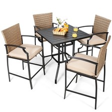 4 Pack Patio Rattan Bar Stools Set & 1 Bar Height Bistro Table W/4 Soft Cushions
