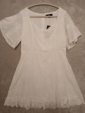 Lulus Baby Doll Short Summer White Embroidered Ruffle Hem Boho Dress Size L