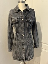 Fashion Nova Black Denim Lace-Up Back Long Sleeve Jacket/Dress w/ Pockets, S