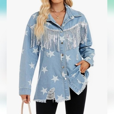 SCOFEEL Women Tassel Jean Shacket Star Print Ripped Jacket Shirt Beyonce NWT xl