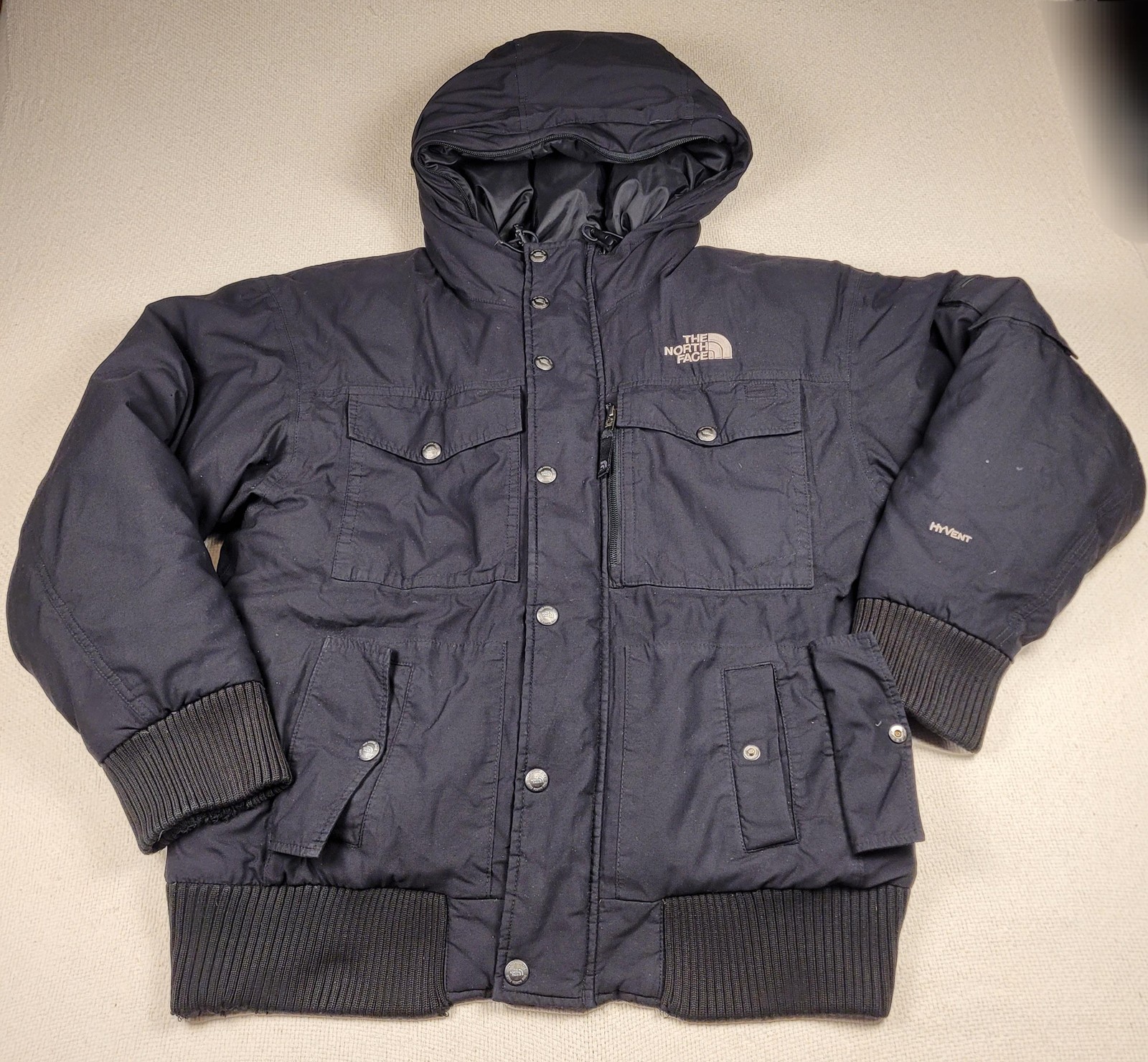 Mens Medium Black Hooded Bomber Ski Coat