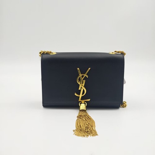 YSL Kate Black Smooth Calfskin Gold Logo Tassel Chain Bag USA