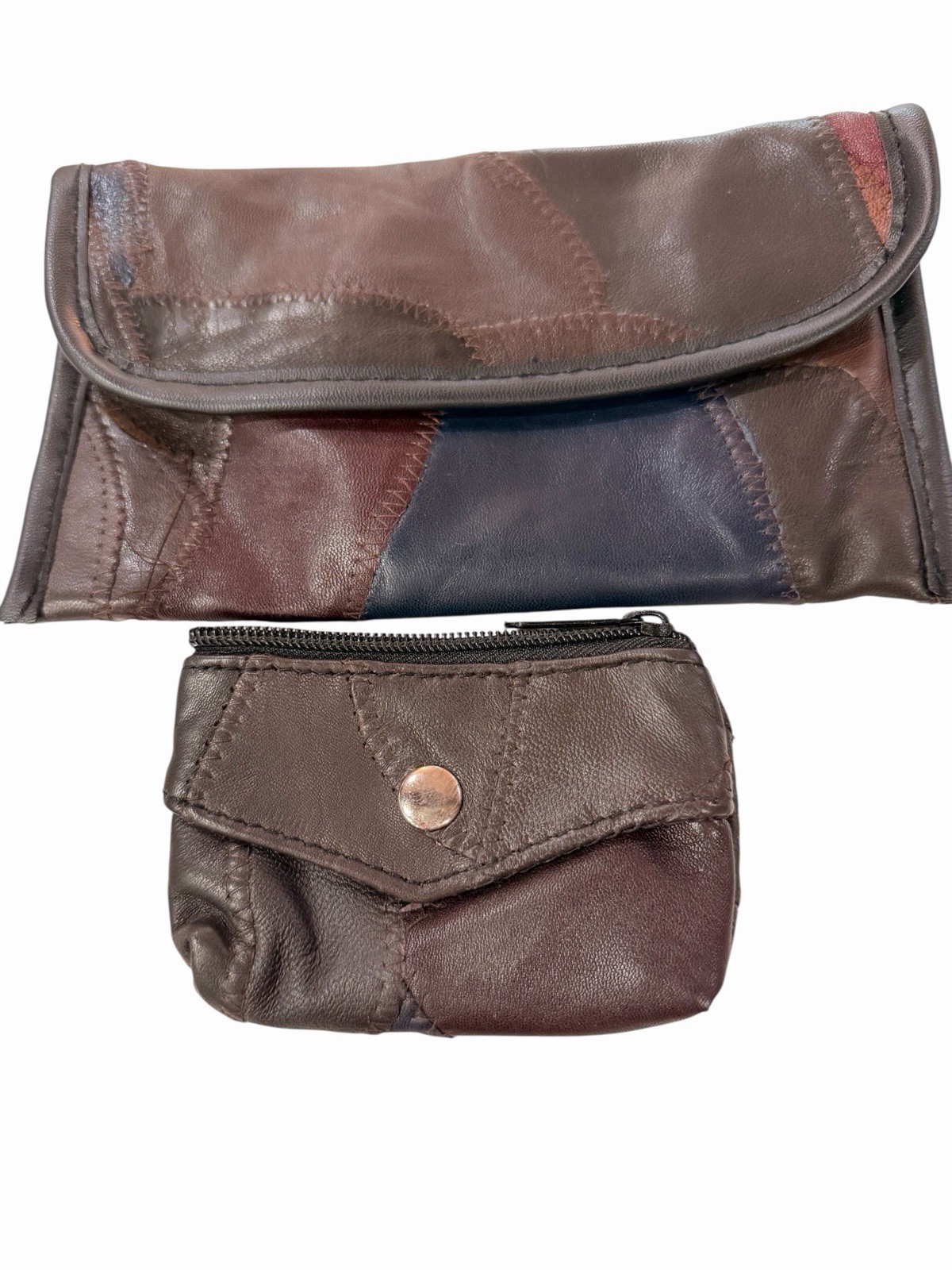 Vntg Patchwork leather wallet with zigzag stitchi… - image 1