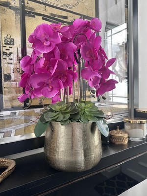 Künstliche rosa Orchidee Blumengesteck 5 Stängel 55 cm hoch im Goldtopf