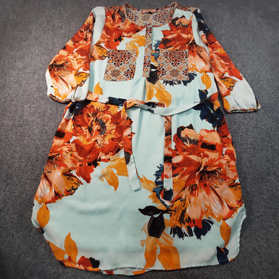 Olive Hill Floral Boho Tunic Dress Womens Large Multicolor Button Belted Lined