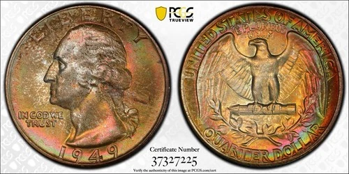1949 .25 FANTASTIC Washington Quarter PCGS MS67 RAINBOW TONING! NO RESERVE!