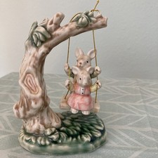 1993 Albert E Price Tales of Bunny Hollow Ceramic Young Bunny on Tree Swing 5.5